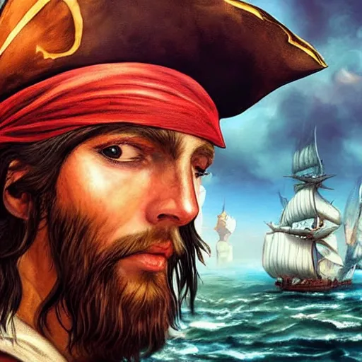 Image similar to a young pirate captain looking for lost islands on his ship, artstation hall of fame gallery, editors choice, #1 digital painting of all time, most beautiful image ever created, emotionally evocative, greatest art ever made, lifetime achievement magnum opus masterpiece, the most amazing breathtaking image with the deepest message ever painted, a thing of beauty beyond imagination or words