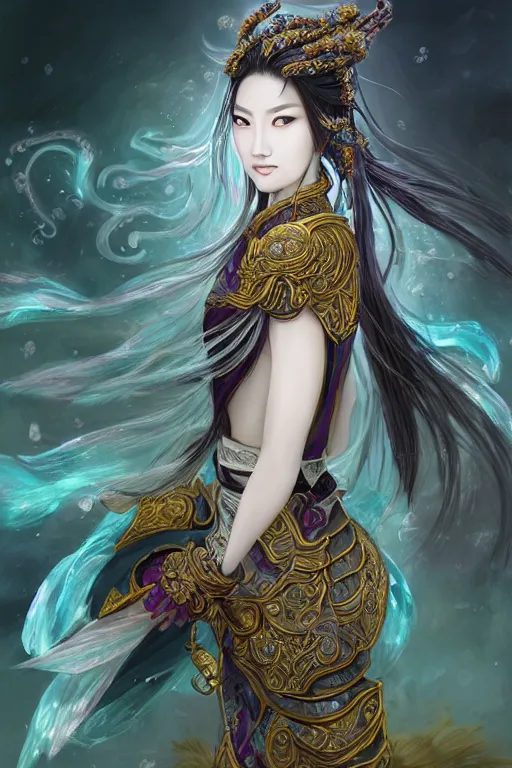 Image similar to beautiful ancient fantasy portrait of wuxia armored heroine, face trending by artbreeder wearing like Xian Xia wardrobe, in forbidden City, hybrid from Dynasty Warriror, flowers sea rainning everywhere, intricate, very very beautiful, elegant, highly detailed, digital painting, beautiful glowing galaxy eyes, human anatomy, hyperrealistic, soft light, dynamic, artstation, fantasy concept art, smooth, sharp focus, illustration, art by alphonse mucha and WLOP and tian zi