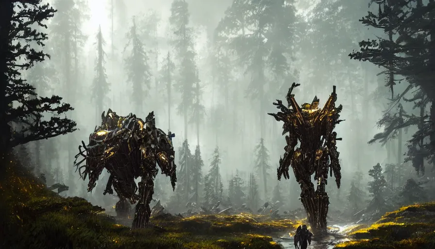 Image similar to large walking mech covered in gold and silver armor with elden ring and horizon zero dawn aesthetic, covered in moss and birds, glowing lights, beautiful forests and trees, intricate detail, epic wallpaper, art by darek zabrocki and John Park and Feng Zhu and Jason Chan, trending on artstation, masterpiece.