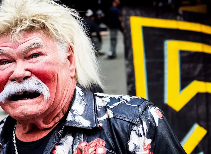 Image similar to photo still of rip taylor at vans warped tour!!!!!!!! at age 6 3 years old 6 3 years of age!!!!!!! throwing bees at a crowd, 8 k, 8 5 mm f 1. 8, studio lighting, rim light, right side key light