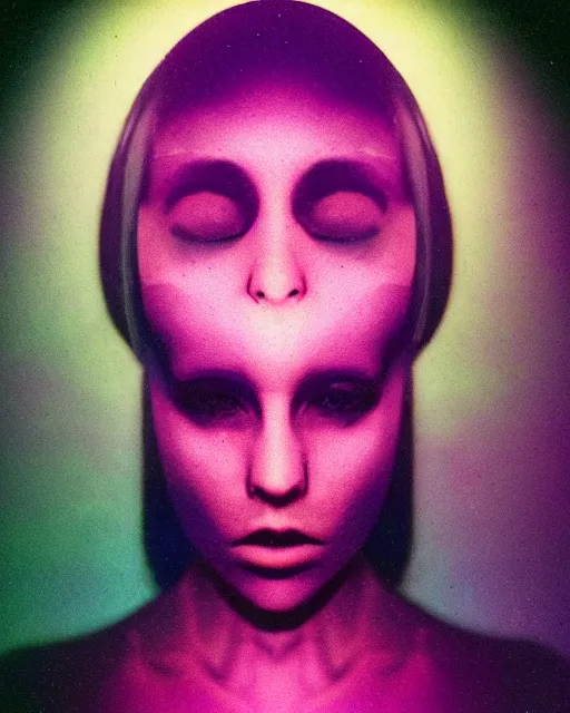 Prompt: cut and paste, featureless surprised robotic woman's face, short metallic hair, dark makeup, violet and yellow and green and blue lighting, polaroid photo, 1 9 8 0 s cgi, atmospheric, whimsical and psychedelic, grainy, expired film, super glitched, corrupted file, ghostly, bioluminescent glow, sci - fi, twisty