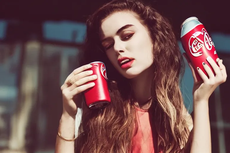 Image similar to beautiful fit summer fashion model woman drinking a Coca-Cola in natural light by Alessio albi