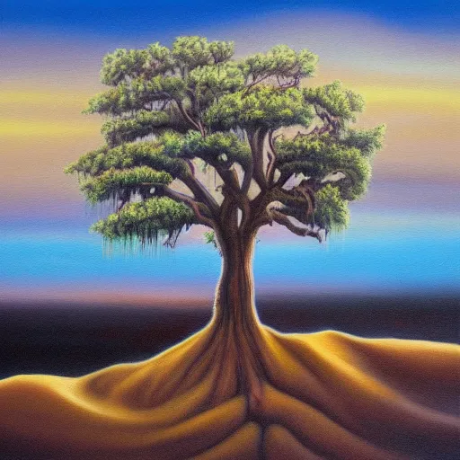 Prompt: a painting of a tree in the desert, an airbrush painting by breyten breytenbach, neo - primitivism, airbrush art, dystopian art, apocalypse landscape