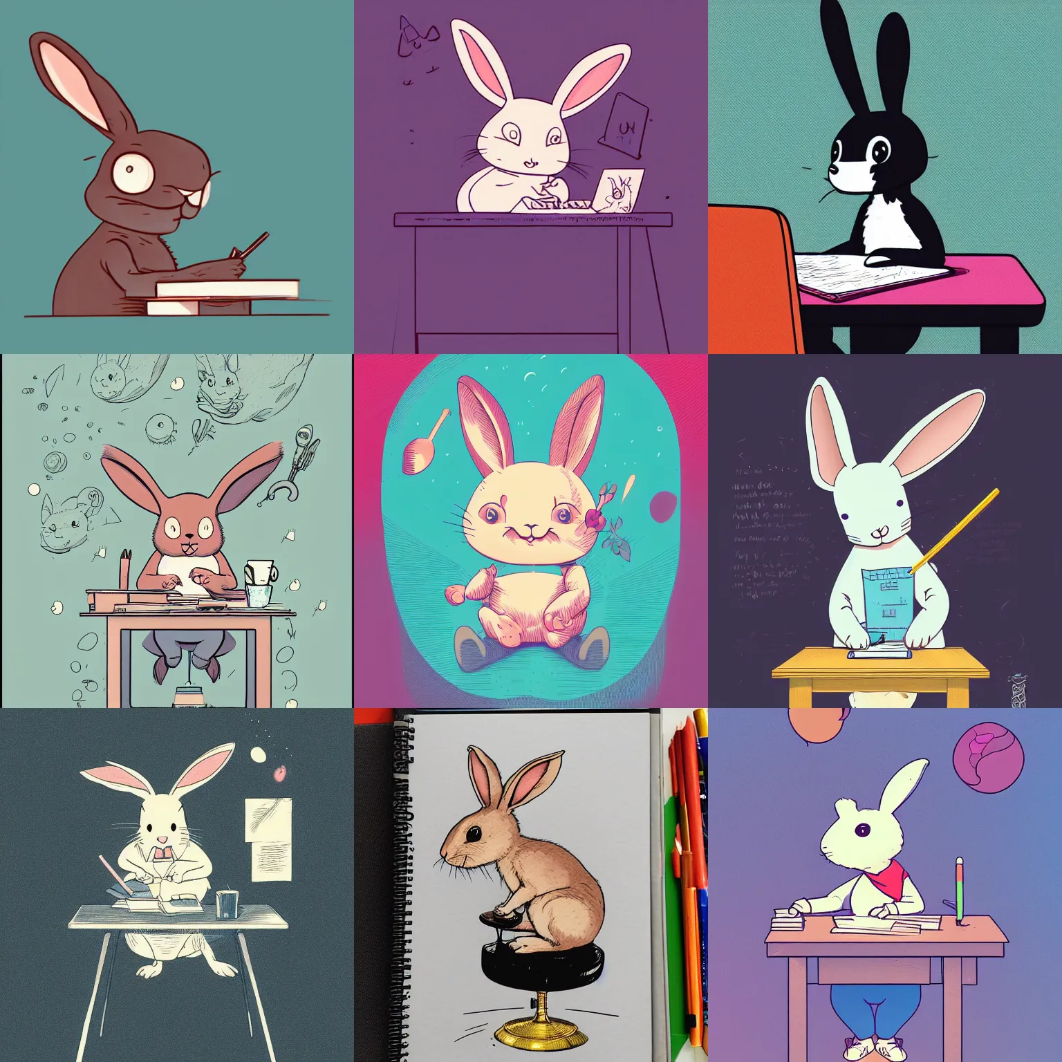 Prompt: a cute happy cartoon rabbit sitting at a desk writing on a paper, llustration, josan gonzales, wlop, james jean, Victo ngai, David Rubín, Mike Mignola, Hergé, Laurie Greasley, artgerm, highly detailed, sharp focus, Trending on Artstation, HQ, deviantart