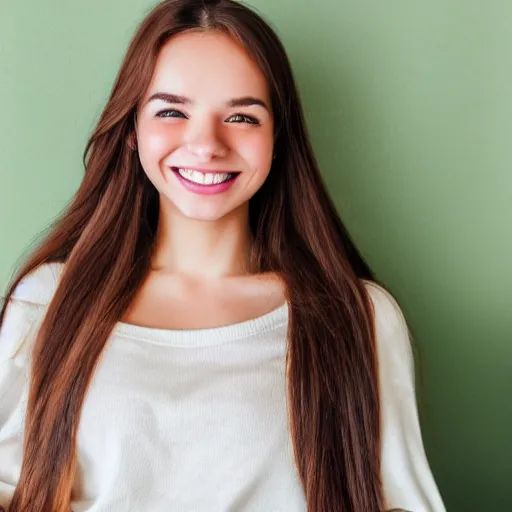 Prompt: a cute young woman smiling, long shiny bronze brown hair, full round face, green eyes, medium skin tone, light cute freckles, smiling softly, wearing casual clothing, relaxing on a modern couch, interior lighting, cozy living room background, medium shot, mid-shot, soft focus