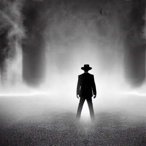 Prompt: white light from right, mysterious man in black suit and black hat, he has a pistol, smoke, fog, mysterious, 4 k, highly detailed, digital art, strong shadows, high contrast, epic scene, atmospheric, blue colours, old photograph