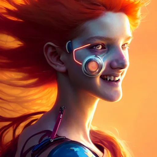 Image similar to portrait painting of a cute teenage girl with wild orange hair and a bright smile wearing cyberpunk clothes, ultra realistic, concept art, intricate details, eerie, highly detailed, photorealistic, octane render, 8 k, unreal engine. art by artgerm and greg rutkowski and charlie bowater and magali villeneuve and alphonse mucha