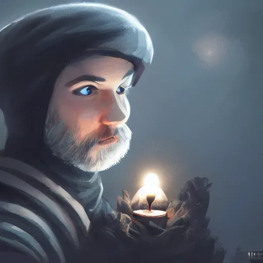 Image similar to a male adventurer wearing a black night cap with a puffball, holding a candle, portrait, d & d, science fiction, concept art, matte, sharp focus, illustration, concept art, jason chan, dan luvisi, karl thiart, uhd, 4 k, very detailed