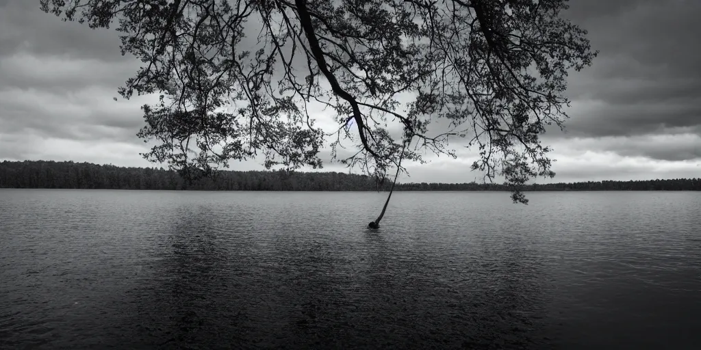 Image similar to centered photograph of a long rope snaking across the surface of the water, stretching out towards the center of the lake, a dark lake on a cloudy day, mood, trees in the background, anamorphic lens