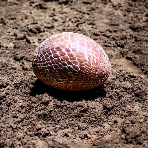 Image similar to hyper-realistic photo of a mystial dragon egg sitting in the dirt, clos up shot, 8K