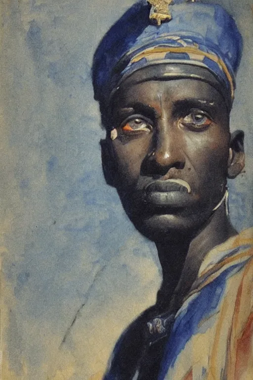 Image similar to a closer hero portrait of a live nubian temple guard with very piercing blue eyes, incredibly charismatic. in old egypt. masterpiece, dramatic light and shadow, saturated colors, ciaroscuro. painted by anders zorn