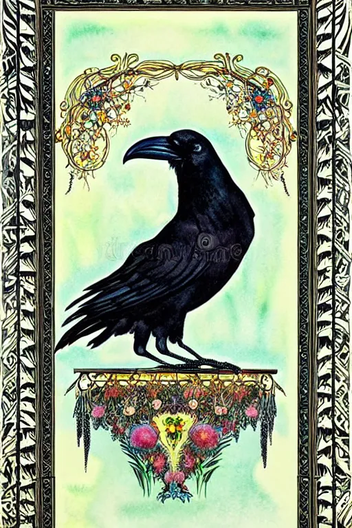 Prompt: photo realistic single realistic raven in the center of an ornate floral frame, art by kay nielsen and walter crane, illustration style, watercolor