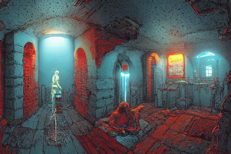 Prompt: trascendent POINT PERSPECTIVE DUNGEON bite ROOM filled with bladestone, painted by Edward Gorey and Moebius and Greg Rutkowski and Paul Wenzel and George Barr and Stephen Youll,trending on artstation, iridescent cool blue and cyan and red and blue and yellow and green lighting front view futuresynth , outrun , vibrant colors, Sabattier filter , Watercolor