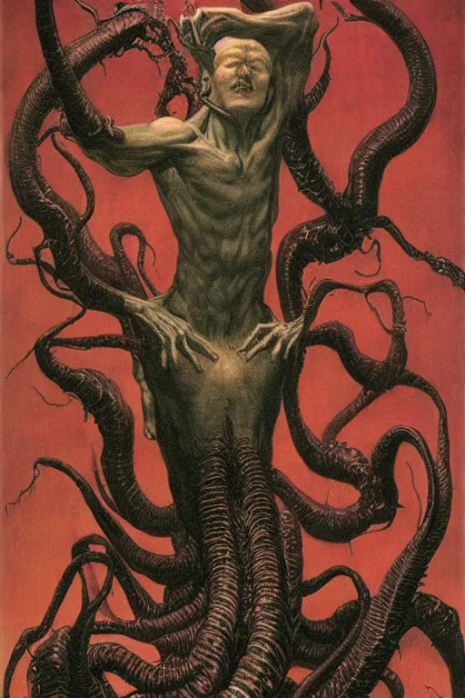 Image similar to portrait of an infernal eldritch demon with snakelike limbs by wayne barlowe and dante gabriel rosetti