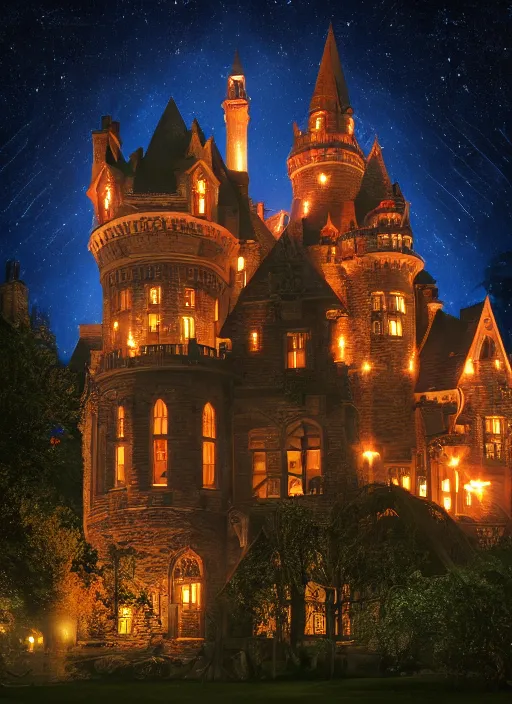 Prompt: victorian era castle on a dark cloudy night crowded by village of people with ominous red lightning 4 k ray tracing 3 0 mm