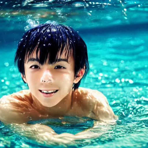 Image similar to anime boy swimming underwater