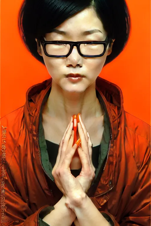 Image similar to thin japanese woman with short black hair, thick round spectacles, wearing a bright orange bomber jacket, seductive communist dark fantasy, art by artgerm and karol bak and moebius and alphonse mucha and greg rutkowski, hyperdetailed, ultrarealistic, octane render