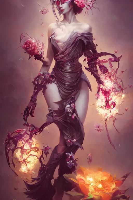 Prompt: beautiful girl necromancer covered with blood exploding crystals, 3 d render, hyper realistic detailed portrait, holding magic flowers, scifi, fantasy, hyper detailed, octane render, concept art, peter mohrbacher, artgerm, ruan jia, wlop