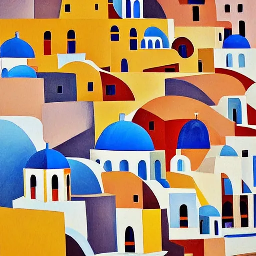 Prompt: cubism art print painting of Santorini, by Andre Baldet, gouache painting, high definition, digital art,