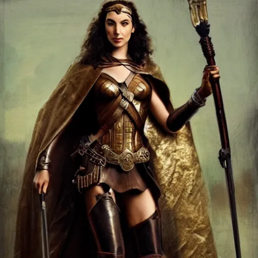 Image similar to highly detailed steampunk gal gadot standing, cape, staff : leonardo da vinci, greg rutkowski, magali villeneuve