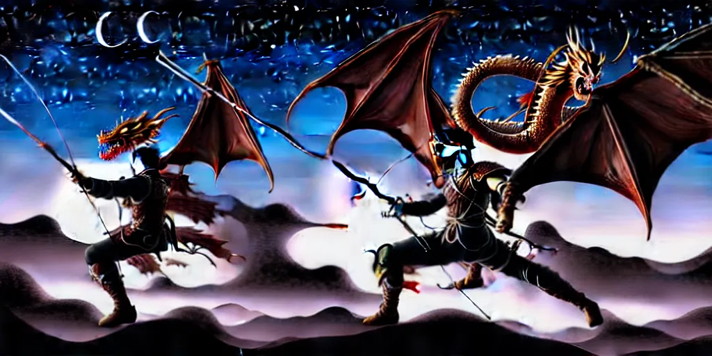 Image similar to korean archer fighting a dragon under the night sky. the archer is in the ground. the dragon in the sky. dark fantasy. high resolution. dungeons and dragons. fantasy. detailed. digital art. dark fantasy. by kentaro miura