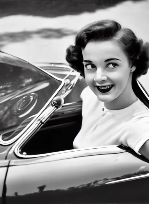 Image similar to Young woman sitting on a sports car, 1950s award winning photo highly detailed, highly in focus, highly life-like, facial closeup taken on Arriflex 35 II, by stanley kubrick