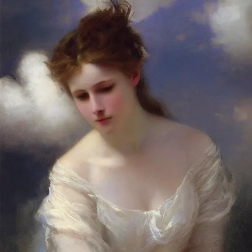 Image similar to A beautiful body art of a castle in the clouds. pale violet by Thomas Benjamin Kennington turbulent, harrowing