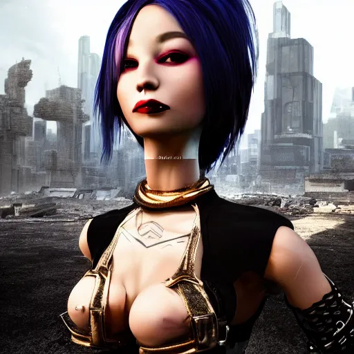 Prompt: Ultrarealist aesthetic detailed face portrait of a very beautiful dollpunk wearing Abstract tech bodysuit, in front of a ruined city, epic exquisite character art, focus, looking at camera, accurate symmetric features proportions, golden ratio, ultra intricate details, award winning, unreal render n-9