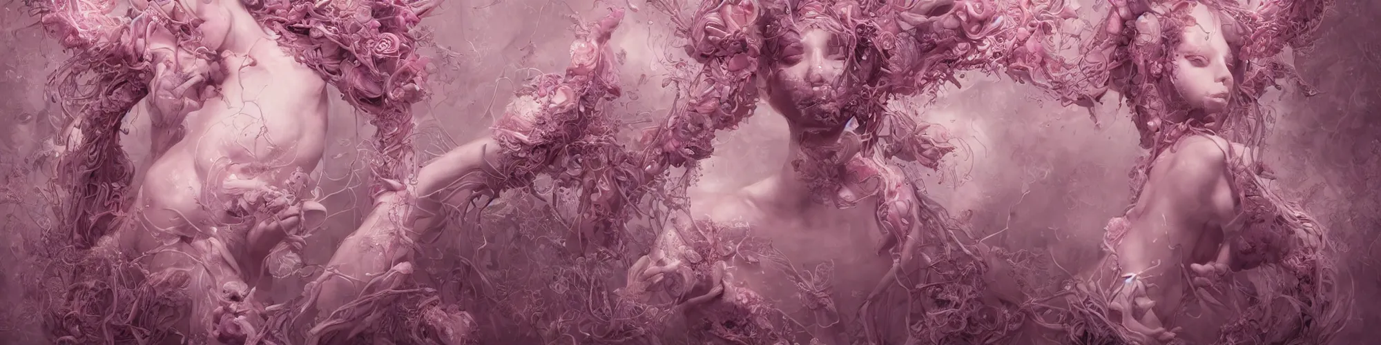 Prompt: hyperrealistic solarpunk photography of a highly detailed and symmetrical gorgeous cyborg nymph awash in a sea of pink milk in the style of beth cavener, jin kagetsu, james jean and wlop, highly detailed, face symmetry, masterpiece, award - winning, sharp focus, intricate concept art, ambient lighting, 8 k, artstation