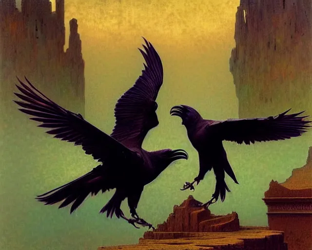 Image similar to two fighting ravens, emotionally evoking symbolic metaphors, fantasy, ornamental, intricate, elegant, highly detailed digital painting, artstation, concept art, painterly, golden ratio, sharp focus, illustration, art by John William Godward and Alphonse Mucha and Zdzisław Beksiński,