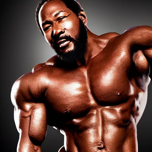 Prompt: marvin gaye with a physique of a body builder, hyper realistic, ultra detailed, cinematic, dynamic lighting, photorealistic, refined, intricate, digital art, digital painting, masterpiece, 8k,