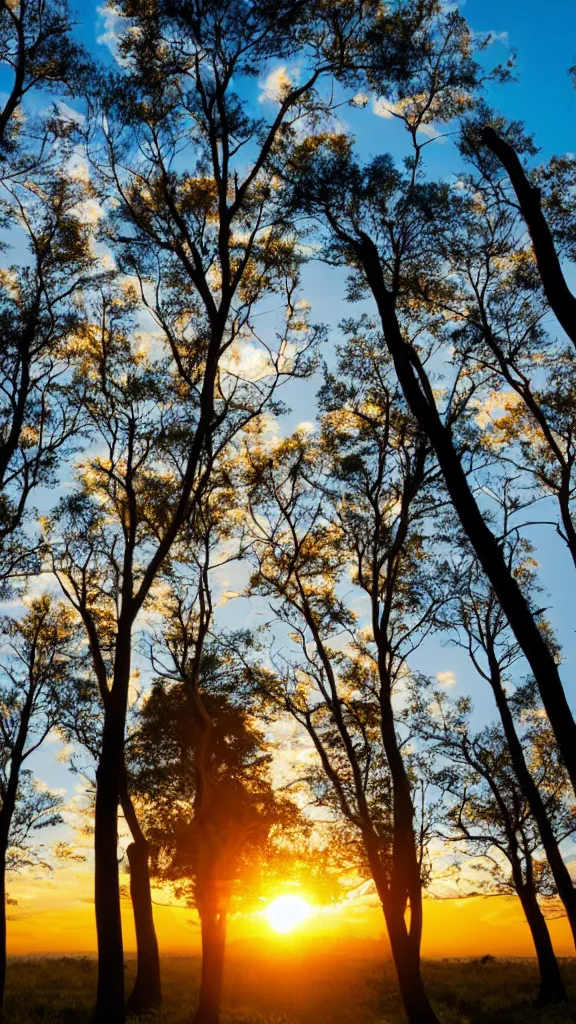 Image similar to beautiful sunset with tons of aligned trees, epic stock photo