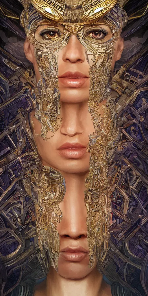 Prompt: HDR portrait photography of The Benevolent Cyborg Queen vertically mirrored above The Evil Cyborg King, ethnic, fantasy, intricate, elegant, highly detailed, African, Egyptian, Aztec, Mayan, digital painting, artstation, HDR photo, smooth, sharp focus, illustration, art by artgerm and greg rutkowski and alphonse mucha