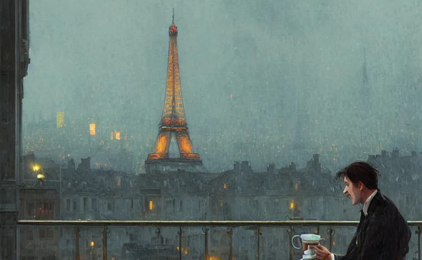 Image similar to gentleman drinking coffee at balcony in france, city with eiffel tower seen behind, night raining, detailed characters, by greg rutkowski, alphonse mucha, beeple, sharp focus, digital art, smooth, light refraction, pixiv art, volumetric lighting, makoto shinkai