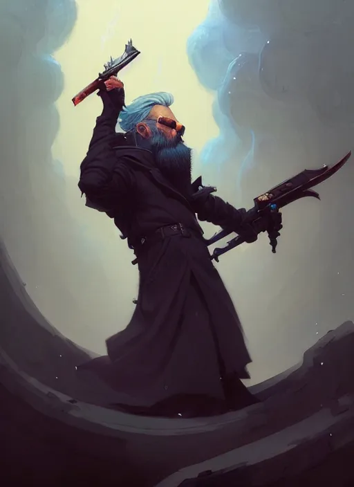 Prompt: low angle picture of a weapon master, holding a ego weapons to the camera, long black jacket, neat white beard and hair, bored, tired, smoking, ego weapons all over the place, squat down, intricate, masterpiece, epic fantasy illustrations by peter mohrbacher and anato finnstark and jeremy lipking