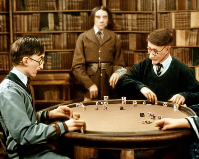 Prompt: harry potter and adolf hitler playing poker together, sharp focus, 8 k