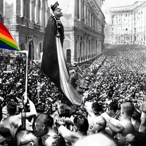 Prompt: Mussolini at the gay pride, photograph, hyper detailed, award winning photograph, 8k