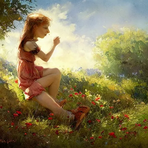 Image similar to summer landscape and lonly girl by jean - baptiste monge, masterpiece, colorful