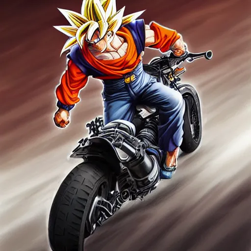 Image similar to goku dressed as a motorcyclist, by Stanley Artgerm Lau, WLOP, Rossdraws, James Jean, Andrei Riabovitchev, Marc Simonetti, Yoshitaka Amano, ArtStation, CGSociety,