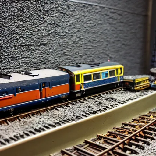 Prompt: a detailed photo of a railway diorama, zoom, model trees, table, studio lighting