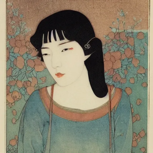 Image similar to Lee Jin-Eun by Edmund Dulac, rule of thirds, seductive look, beautiful, on glossy metal