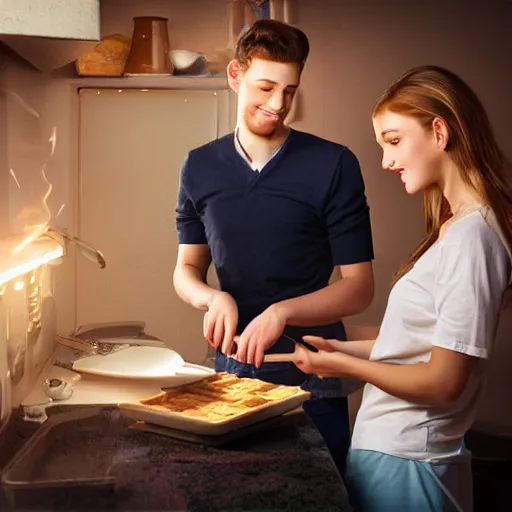 Image similar to one young man and one young woman baking waffles, romantic lighting, digital art