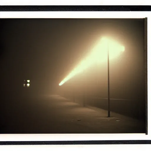 Prompt: a massive concrete wall with tiny street lights in front of it, foggy, night, dark, old polaroid, expired film, megalophobia,