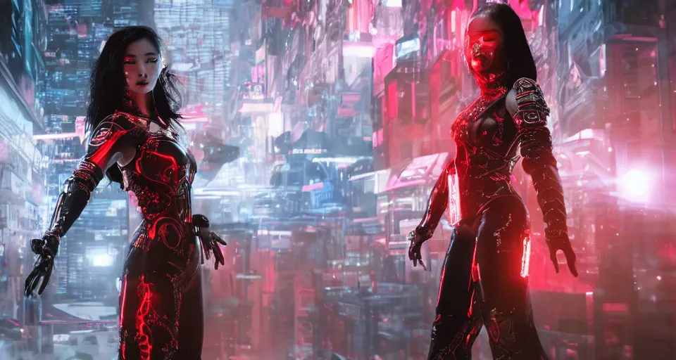 Prompt: a very hot scarlet asian necromancer in cyberpunk-plate-armor, Ultra-HD, doing a summoning futuristic ritual with giant holograms floathing in the air around her, Volumetric Lighting, Screen Space Global Illumination, Opaque, Optics, Lumen Reflections, VFX, insanely detailed and intricate, hypermaximalist, elegant, ornate, hyper realistic, super detailed, full body, octane render, unreal engine