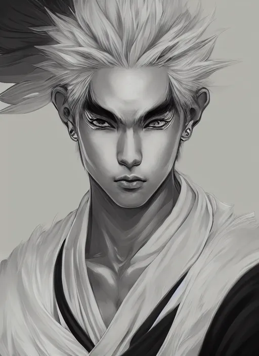 Image similar to a highly detailed illustration of fierce short white haired young japanese man wearing hakama, black sclera eyes, dramatic serious pose, intricate, elegant, highly detailed, centered, digital painting, artstation, concept art, smooth, sharp focus, league of legends concept art, wlop