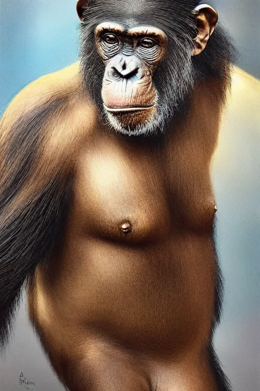 Image similar to photorealistic portrait photograph of a chimpanzee as a glorious regal space king, sleek outfit, upper body, fantasy, handsome, depth of field, soft focus, highly detailed, intricate, realistic, national geographic cover, soft glow, textured, artstation, concept art, sharp focus, illustration, art by artgerm and greg rutkowski and alphonse mucha