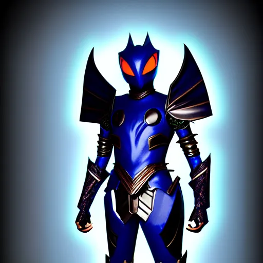 Image similar to High Fantasy Kamen Rider, single character full body, 4k, glowing eyes, daytime, rubber suit, dark blue segmented armor, dragon inspired armor, centered