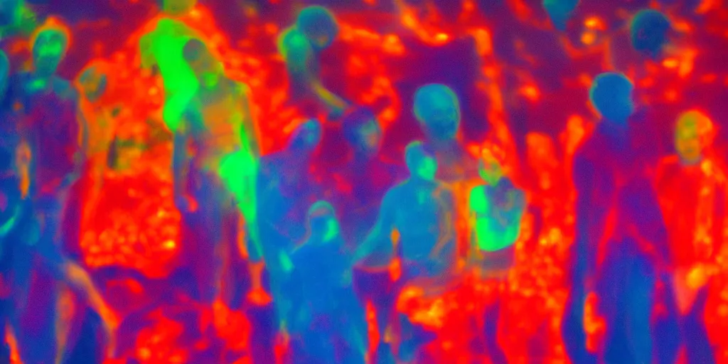 Image similar to love, groups of people in glowing thermal colors, from behind, rebirth, wide angle, cinematic atmosphere, elaborate, highly detailed, thermal heat colors, dramatic lighting