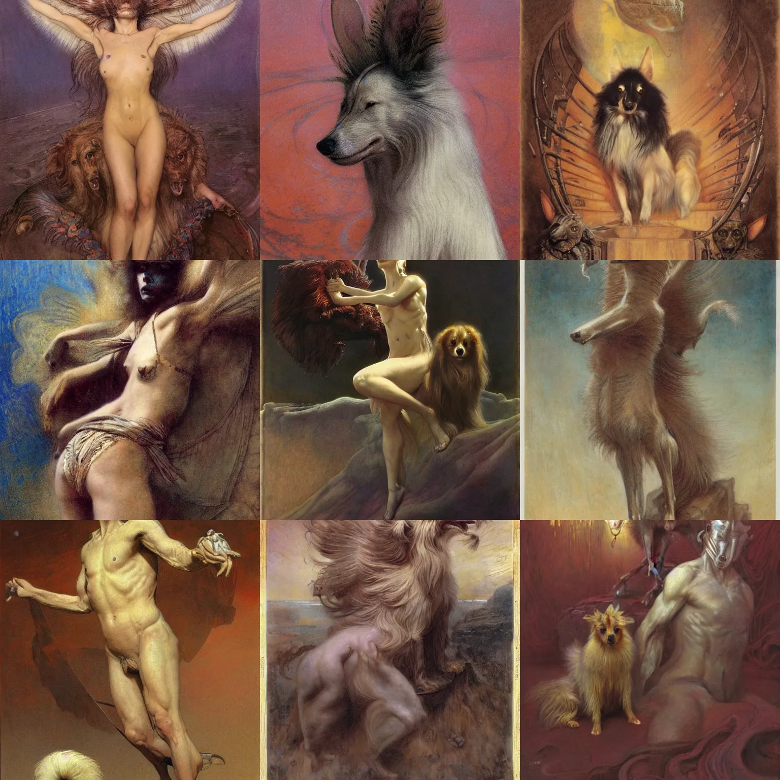 Prompt: a sheltie, by wayne barlowe, by gustav moreau, by goward, by gaston bussiere, by roberto ferri, by santiago caruso, by luis ricardo falero, by austin osman spare, by saturno butto