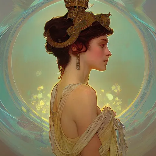 Prompt: a Portrait of A queen whose body radiates holy light by greg rutkowski and alphonse mucha,In style of digital art illustration.WLOP.hyper detailed,smooth, sharp focus,trending on artstation,4k